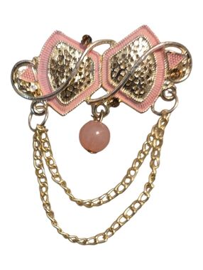 Pink and Gold Bow Chain Brooch with Pink Stone Drop